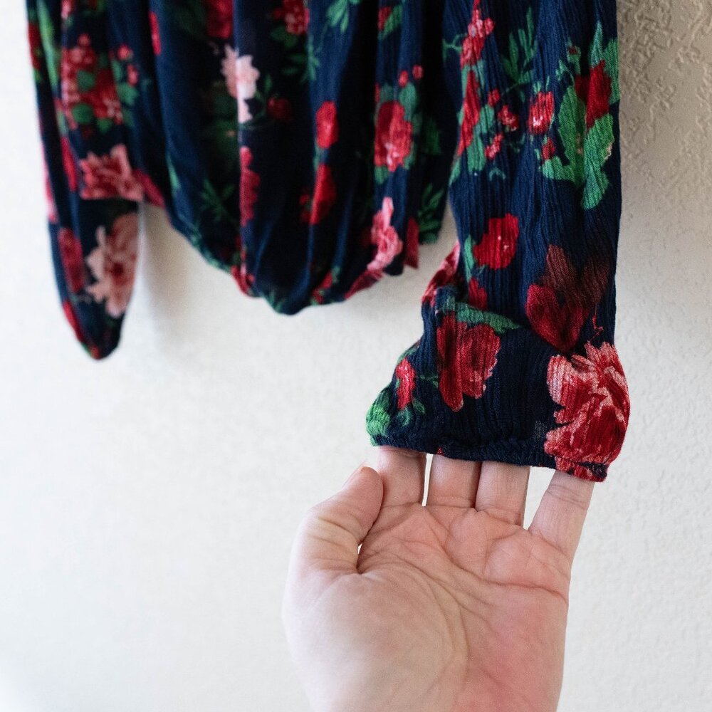 Ambiance Navy Floral Off Shoulder Crop Top | Size L | Long Sleeve Boho Blouse - Picture 5 of 9